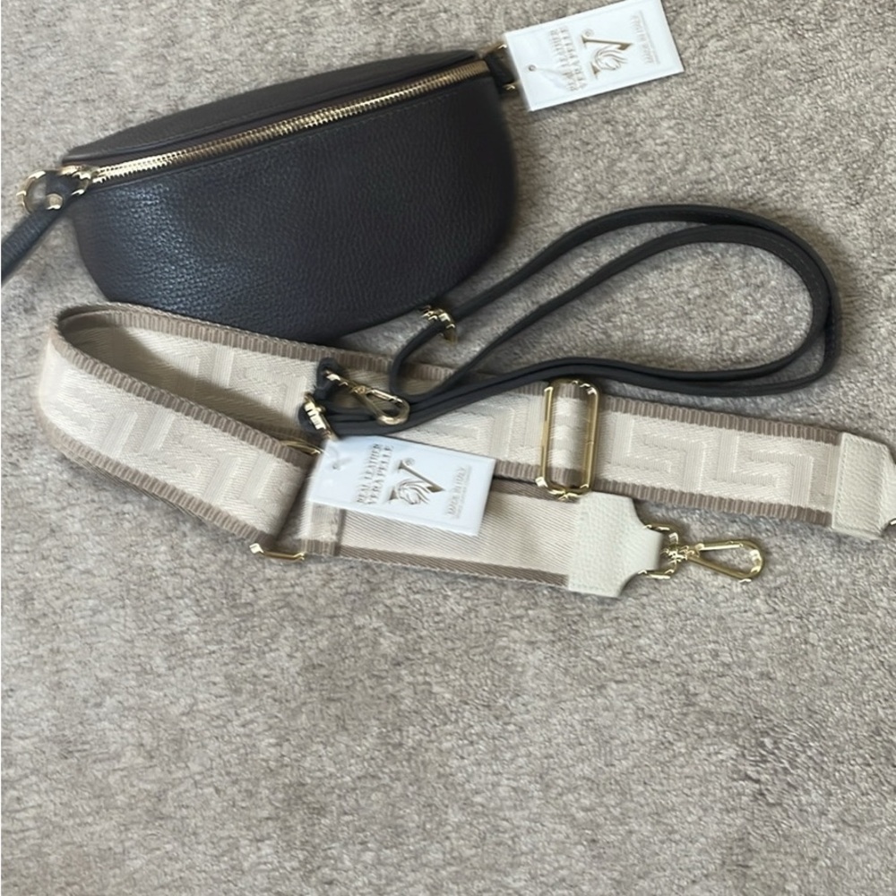 Brown Leather Crossbody Bag with Beige Strap